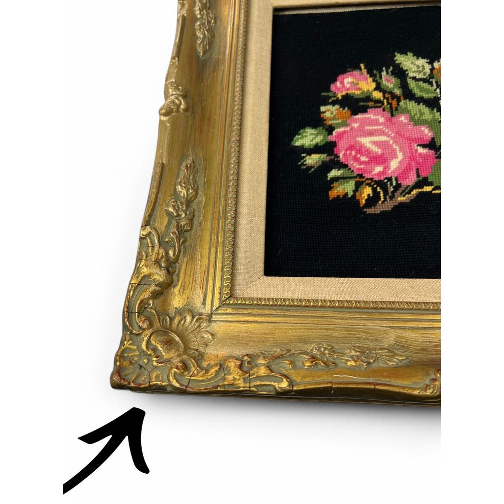 Needlepoint Floral Antique Vintage Gold Gilt Frame Embroidered Picture Wall Art - Picture 3 of 6
